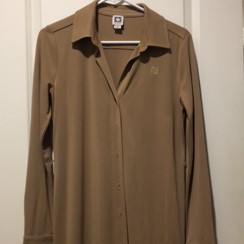Anne Klein womens button down shirt dress midi collar long sleeves size M beige